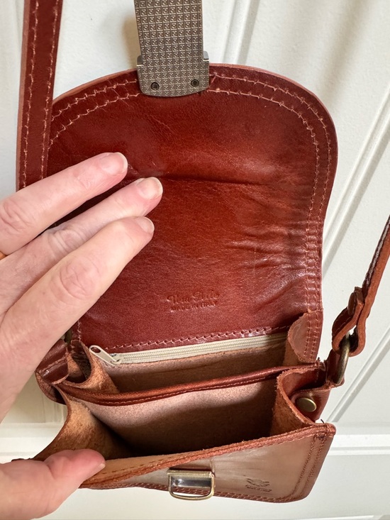 Small Buckle Brown Leather Crossbody Bag. 6” by 7” by 2.5” - Picture 5 of 7